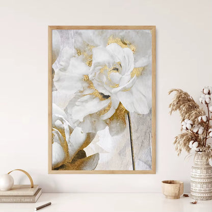 Abstract Gold White Blooming Floral Wall Art Posters Canvas Painting Prints Pictures Modern Living Room Interior Home Decor