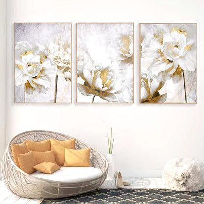 Abstract Gold White Blooming Floral Wall Art Posters Canvas Painting Prints Pictures Modern Living Room Interior Home Decor