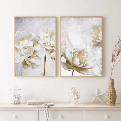 Abstract Gold White Blooming Floral Wall Art Posters Canvas Painting Prints Pictures Modern Living Room Interior Home Decor